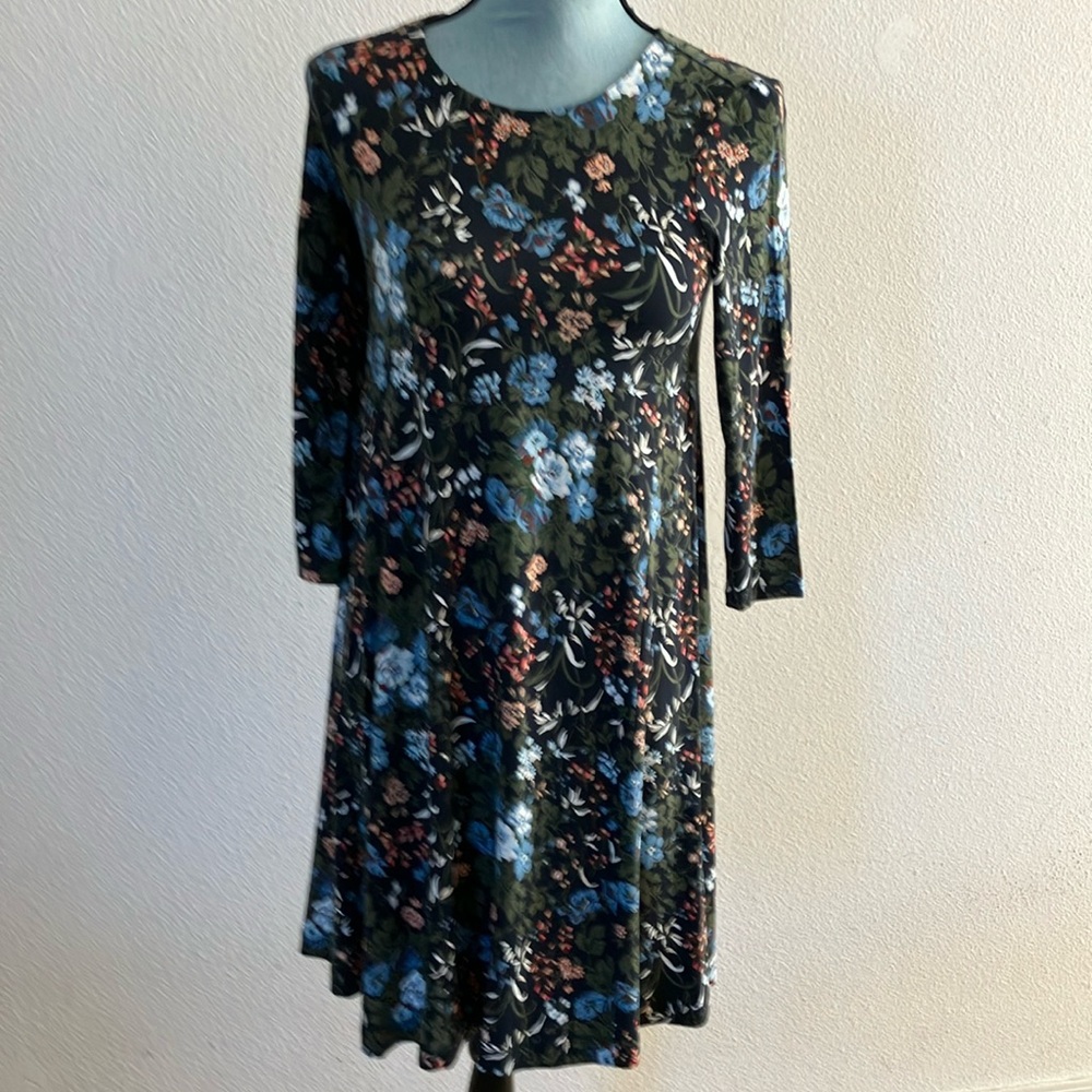 LOFT Blue and Pink A-Line Dress 3/4 Sleeve Crew Neck